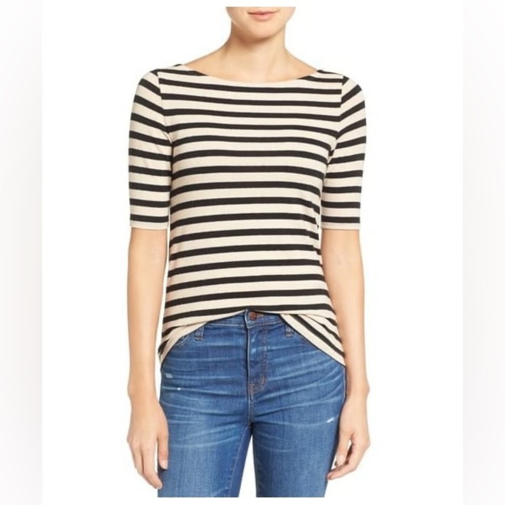 Madewell Black & Ivory Striped Chorus Scoop Back 3/4 Sleeved Size XS T-Shirt